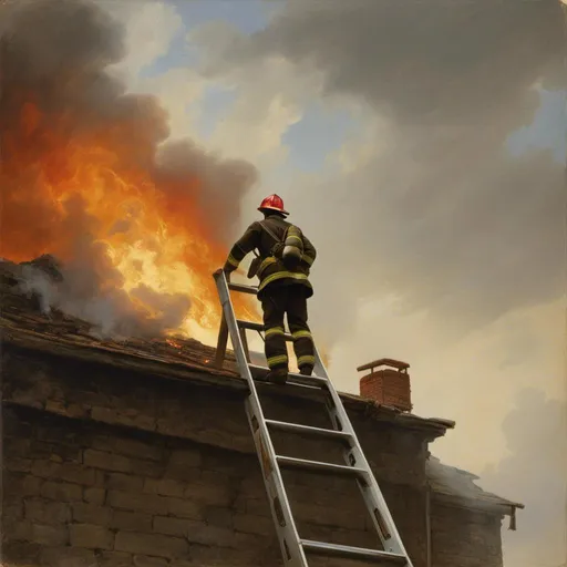 Prompt: <mymodel>Create a heroic matte painting depicting a brave firefighter, captured in a side profile, standing resolutely on top of the raised ladder of a firetruck. The firefighter should be fully geared up, wearing a helmet with a visor, a protective suit, and sturdy boots, emphasizing their readiness and courage.

In the firefighter's hands, a fire hose should be depicted in action, spraying a powerful jet of water towards the raging inferno in the background. The fire should be depicted as intense and fierce, with towering flames and billowing smoke creating a dramatic and urgent atmosphere.

The laddertruck, robust and imposing, should extend high, symbolizing the firefighter's elevated and perilous position. The background should convey a sense of chaos and danger, with the fire consuming a building, its windows glowing with intense heat, and embers flying through the air.

The overall composition should focus on the firefighter's determination and bravery, with the light from the fire casting dramatic shadows and highlights, accentuating the firefighter's figure against the fiery backdrop. The painting should evoke a sense of awe and respect for the heroic efforts of firefighters, capturing the intensity and peril of their life-saving work.
UHD, 64K