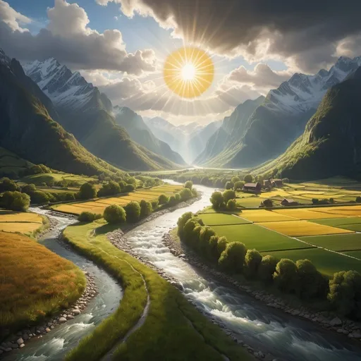 Prompt: a painting of a river running through a valley surrounded by mountains and fields with a sun shining through the clouds, David Martin, magic realism, matte painting, a matte painting