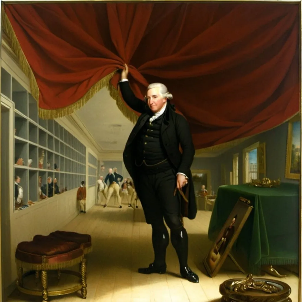 Prompt: a painting of a Charles Willson Peale  in a room. He is raising up with his a hand  red fabric room divider,  to reveal his Museum.  The room divider is  hanging from the ceiling running wall to wall.  the room divide look like a curtain.   the room divider has gold fringe. A painting  by  Charles Willson Peale, american scene painting, painting, a painting