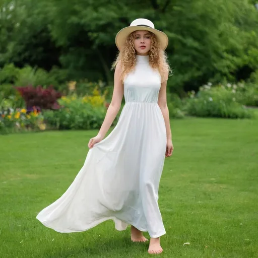 Prompt: a 21-year-old woman in  a  long white Empire Dress with a high neck line and hat,  standing on the green grass, a beautiful expressive face, curly blond hair,  full-length,  feet, in an amazingly beautiful garden,  exactly beautiful photo  , highly photo, full-length photo,