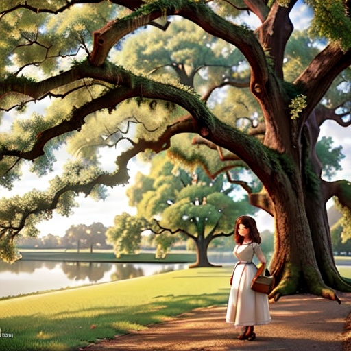 Prompt: French, Evangeline standing under an oak tree Spanish moss  looking  towards  a Bayou waiting for her lost love Gabriel 18th century