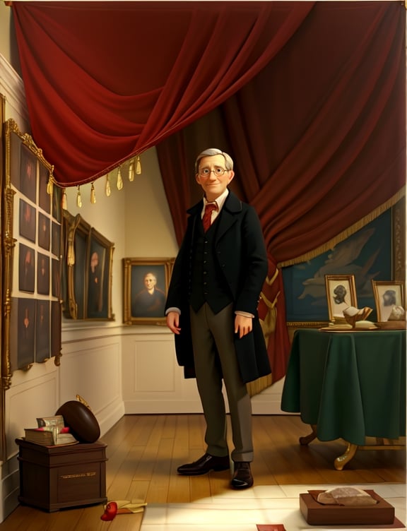 Prompt: a painting of Charles Willson Peale holding up a red curtain  in a room  to reveal His Museum by  Charles Willson Peale, american scene painting, painting, a painting