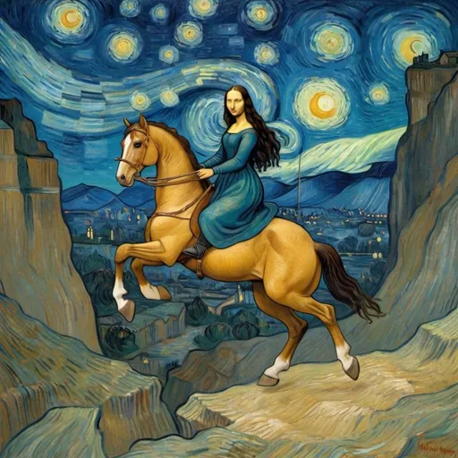 Prompt: Mona Lisa riding a horse that is jumping over a canyon in "The Starry Night" by Vincent van Gogh