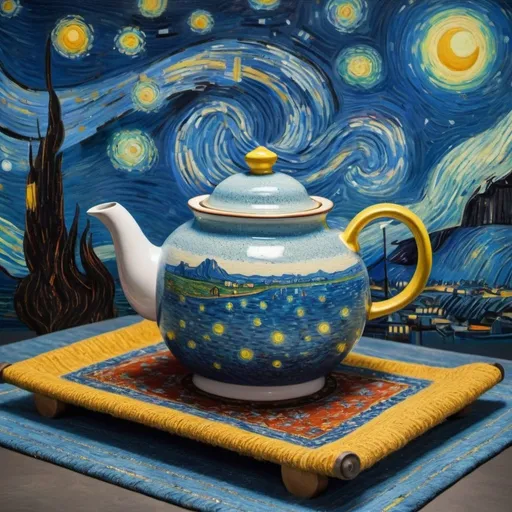 Prompt: a smiling teapot  flying on a "magic carpet" in "The Starry Night" by Vincent van Gogh