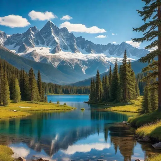 Prompt: a mountain range with a lake surrounded by trees and snow capped mountains in the background with a blue sky,
Albert Bierstadt, 
naturalism, 
polarizing filter, 
professional photograph,
UHD  64K