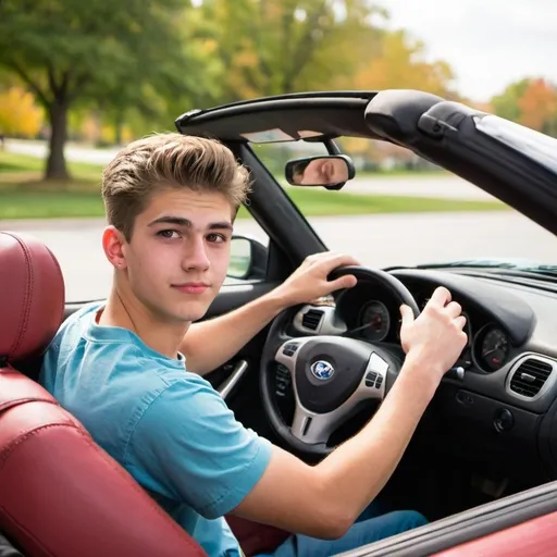 Prompt: 21 year-old college MAN is driving a convertible with hand on steering wheel,
