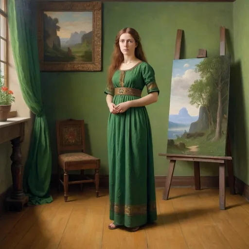 Prompt: a woman in a green dress standing in a room with a painting on the wall behind her and a painting on the wall behind her, 8th century BC, Albert Bierstadt, pre-raphaelitism, full body portrait, a painting
