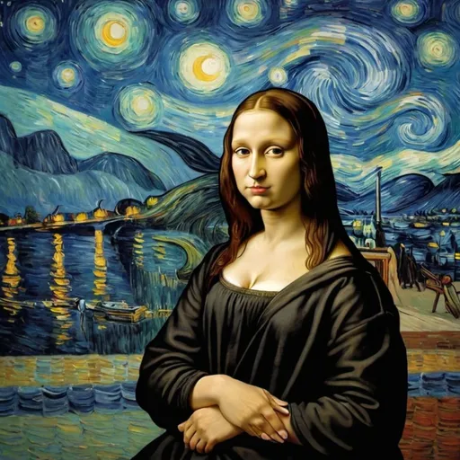 Prompt: "Mona Lisa"  photobombing  "The Starry Night" by Vincent van Gogh