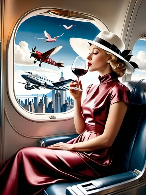 Prompt: a 21-year-old woman in a long flower print Empire Dress with a high neck line and white hat  sitting on an airplane seat with a hat on her head, drinking red wine, and a ((a pig  flying over New York city ))  in the background with a window, Annie Leibovitz, precisionism, promotional image, an art deco painting