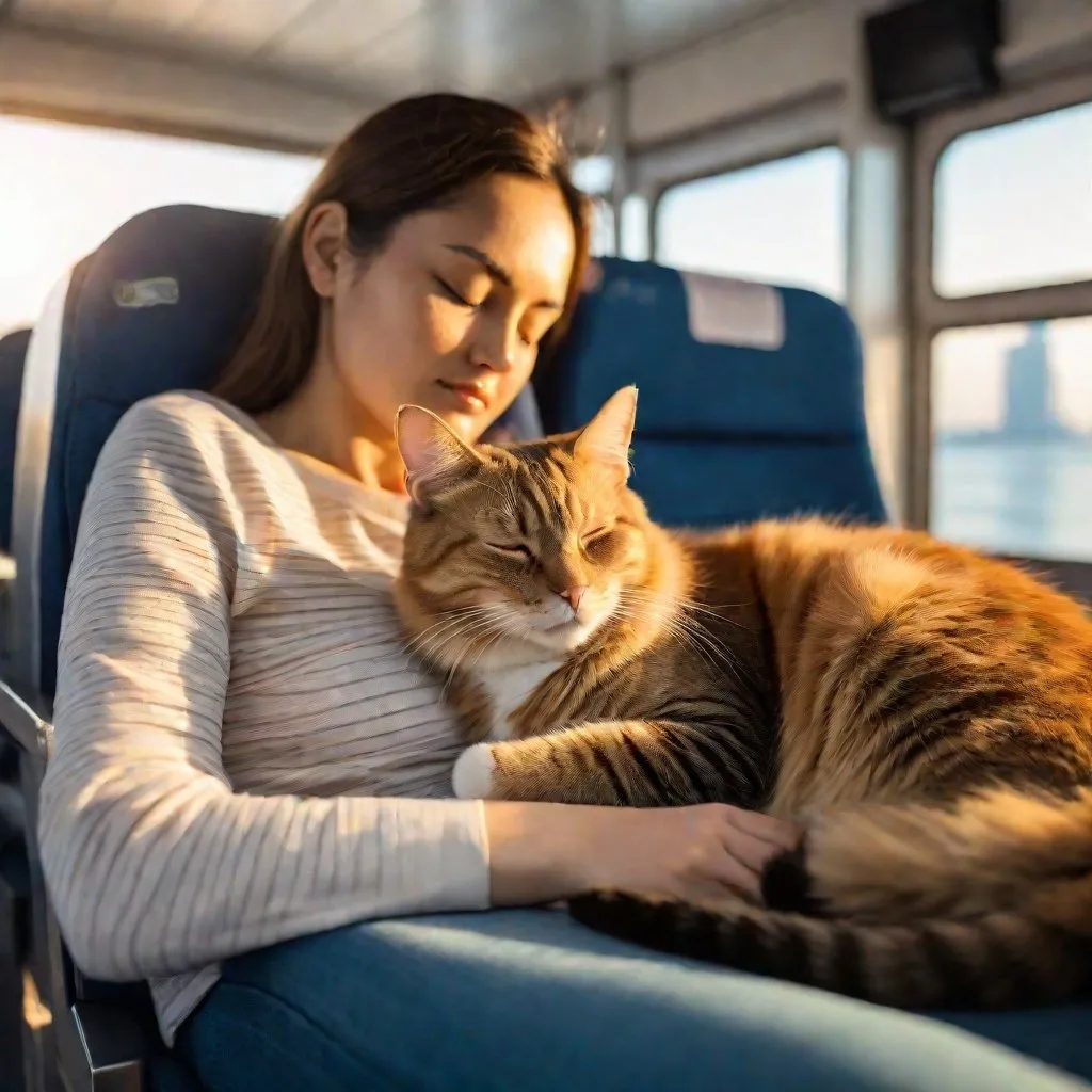 Prompt: A cat that is sleeping on the lap of a woman. the woman is sitting  up in a chair on a ferry, wide angle view, full depth of field, beautiful, high resolution, golden hour lighting,