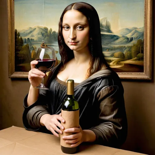 Prompt: Mona Lisa drinking straight from a "wine bottle that is wrap in a brown paper."
