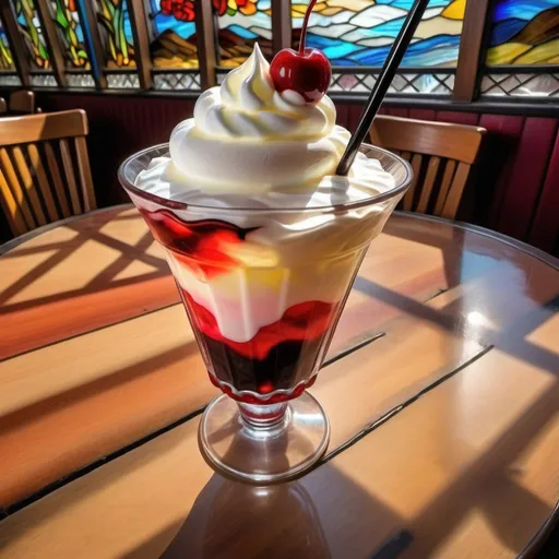 Prompt: a drink with whipped cream in a glass on a table in a store or restaurant with a black straw in it, Cherryl Fountain, verdadism, in-frame, 