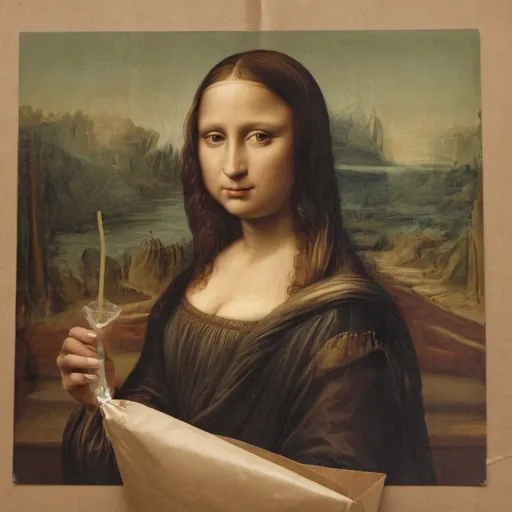 Prompt: Mona Lisa sipping through  "a straw in an open glass bottle in a wrinkled brown paper."