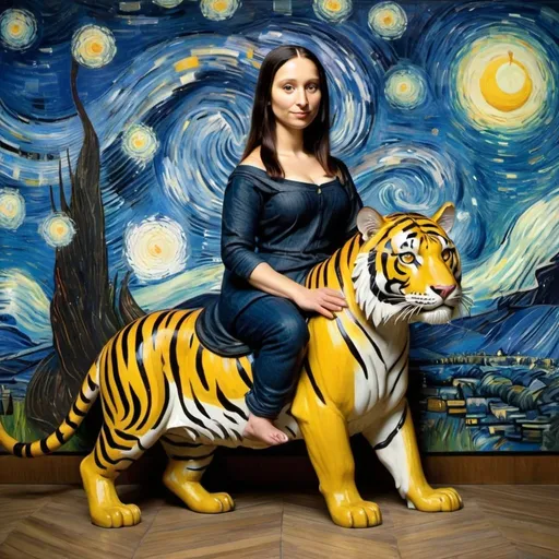 Prompt: Mona Lisa riding a Tiger in  "The Starry Night" by Vincent van Gogh