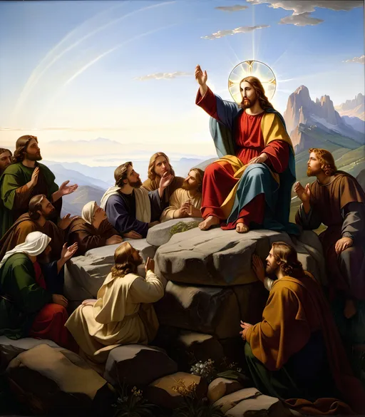 Prompt: a painting of Jesus with halo giving his people a blessing on the mountain top, with a sky background and a mountain range in the distance, Carl Heinrich Bloch, american barbizon school, classical painting, an oil on canvas painting