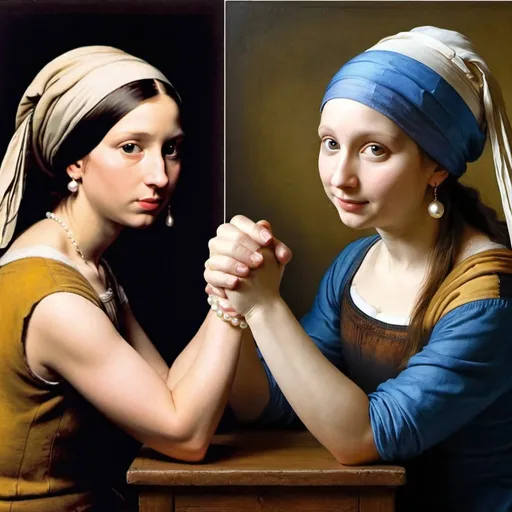 Prompt: "the girl with the pearl earring" Arm wrestling   "Mona Lisa"