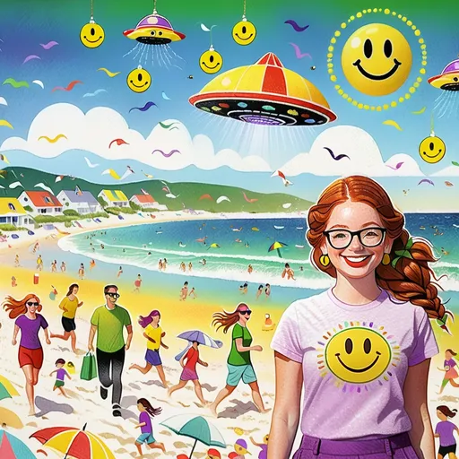 Prompt: photo 

25-year-old woman, green eyes. cover with dark freckle. long ginger hair ginger in a French braid. wearing lipstick red. broad rimmed eyeglasses purple

the is  woman wearing a white t-shirt. 

the  t-shirt has a yellow smiley face with two eyes and a smile on it's face, with a black outline, Dave Gibbons, naive art, smile, a digital rendering

 the woman is wearing  earrings.

the earrings has a yellow smiley face with two eyes and a smile on it's face, with a black outline, Dave Gibbons, naive art, smile, a digital rendering


the beach, while UFO is attacking while people are running for their lives


photo