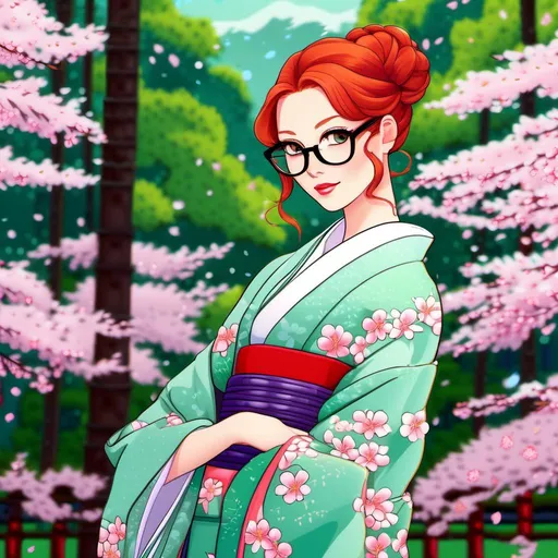 Prompt: ((25-year-old woman, green eyes. cover with dark freckle. wearing lipstick red. purple broad rimmed eyeglasses.) in a kimono, serene forest setting, full-body shot,  long ginger hair ginger in a French braid.  open eyes, detailed, traditional Japanese art style, vibrant colors, peaceful atmosphere, cherry blossom trees, elegant pose, long flowing sleeves, serene expression, atmospheric lighting, professional, too small clothing <mymodel>