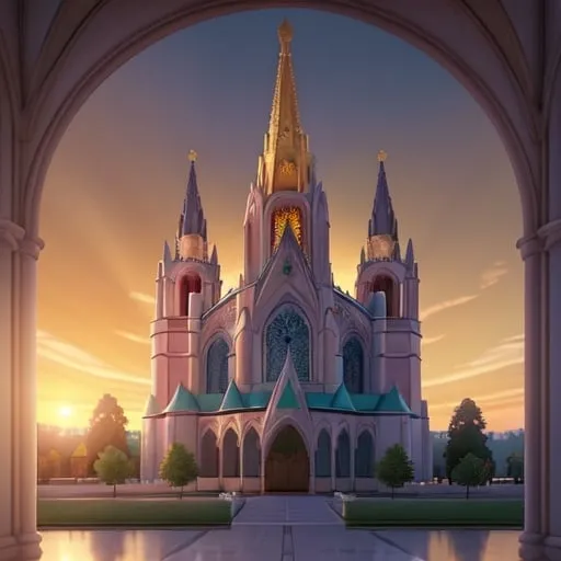 Prompt: outside view of spectacular grand gothic cathedral at sunrise, 
wide angle view, 
full depth of field, 
beautiful, 
high resolution, 
realistic, 
detailed stained glass,
serene atmosphere, 
golden hour lighting, 
majestic rose window,
majestic steeple, 
natural beauty,
architecture painting, 
professional quality, 
beautiful sunrise,
majestic  masonry, 
realistic, 
detailed stained glass,
serene atmosphere, 
wide angle view, 
full depth of field, 
beautiful, high resolution, 
golden hour lighting, 
majestic spires, 
natural beauty