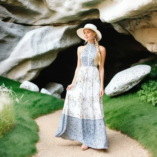 Prompt: a 21-year-old woman in a long flower print Empire Dress with a high neck line and white hat,  standing in a cave with rocks and grass in the background, 
a beautiful expressive face, long blond hair in a French braid., full-length, feet, in an amazingly beautiful garden, exactly beautiful photo , highly photo