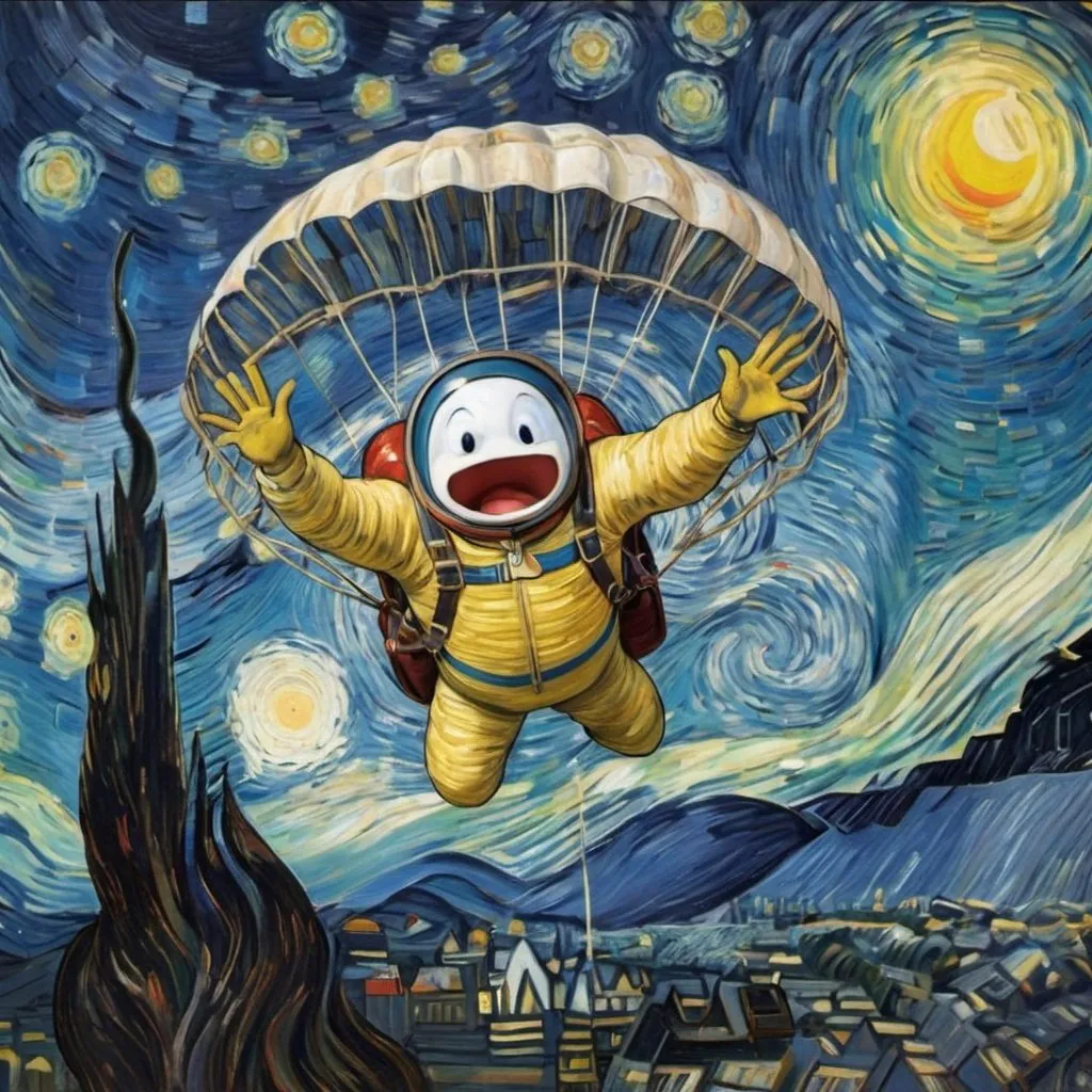 Prompt: a "Humpty Dumpty" skydiving  in "The Starry Night" by Vincent van Gogh