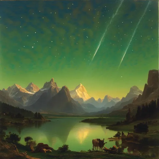 Prompt: an image showing the hope of new day. looking east. In foreground there is green meadows and large reflecting lake. the distended horizons of rugged mountains with snow on the peaks. The sky is completely clear of clouds. the sky is fill with the stars, milky way. to the east there is a "magnitude -6" green bolide falling.<mymodel>