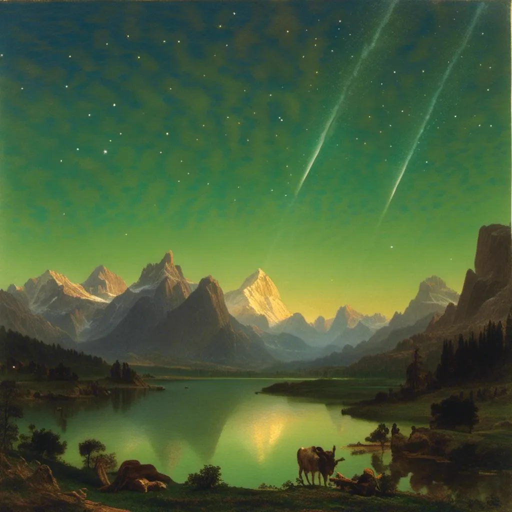 Prompt: an image showing the hope of new day. looking east. In foreground there is green meadows and large reflecting lake. the distended horizons of rugged mountains with snow on the peaks. The sky is completely clear of clouds. the sky is fill with the stars, milky way. to the east there is a "magnitude -6" green bolide falling.<mymodel>