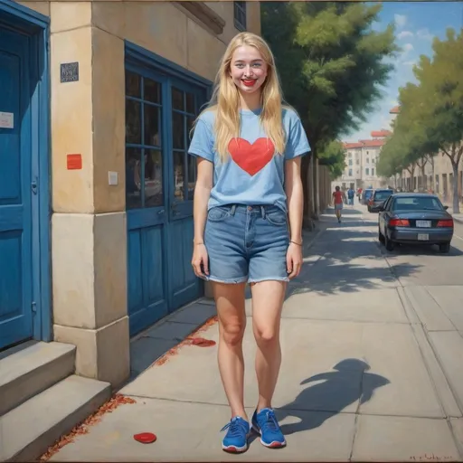 Prompt: a full-length portrait painting, 
27 year-old woman, 
cover with dark freckle,
blue eyes, long blonde hair, 
red lipstick, a smile on her face,
standing on  sidewalk art, 
smiley-face  t-shirt, 
long blue jean,
blue tennis shoes,
academic art, renaissance oil painting