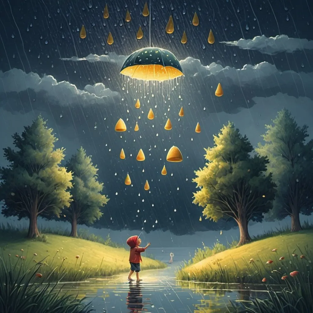 Prompt: Raindrops dance on sun,
Fish fly through the midnight sky,
Trees sing tales of cheese