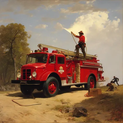 Prompt: <mymodel>Create a heroic matte painting depicting a brave firefighter, captured in a side profile, standing resolutely on top of the raised ladder of a firetruck. The firefighter should be fully geared up, wearing a helmet with a visor, a protective suit, and sturdy boots, emphasizing their readiness and courage.

In the firefighter's hands, a fire hose should be depicted in action, spraying a powerful jet of water towards the raging inferno in the background. The fire should be depicted as intense and fierce, with towering flames and billowing smoke creating a dramatic and urgent atmosphere.

The laddertruck, robust and imposing, should extend high, symbolizing the firefighter's elevated and perilous position. The background should convey a sense of chaos and danger, with the fire consuming a building, its windows glowing with intense heat, and embers flying through the air.

The overall composition should focus on the firefighter's determination and bravery, with the light from the fire casting dramatic shadows and highlights, accentuating the firefighter's figure against the fiery backdrop. The painting should evoke a sense of awe and respect for the heroic efforts of firefighters, capturing the intensity and peril of their life-saving work.