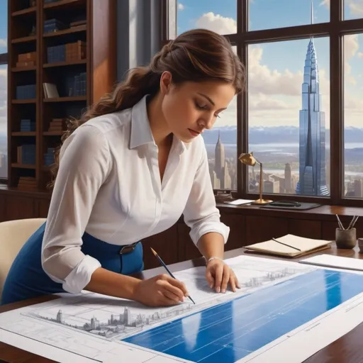 Prompt: painting of a woman looking over blueprint as she is working as  an architect designing a skyscraper in an office , 
Albert Bierstadt,
precisionism, 
giantess art, 
a realistic painting.
 UHD, 64K