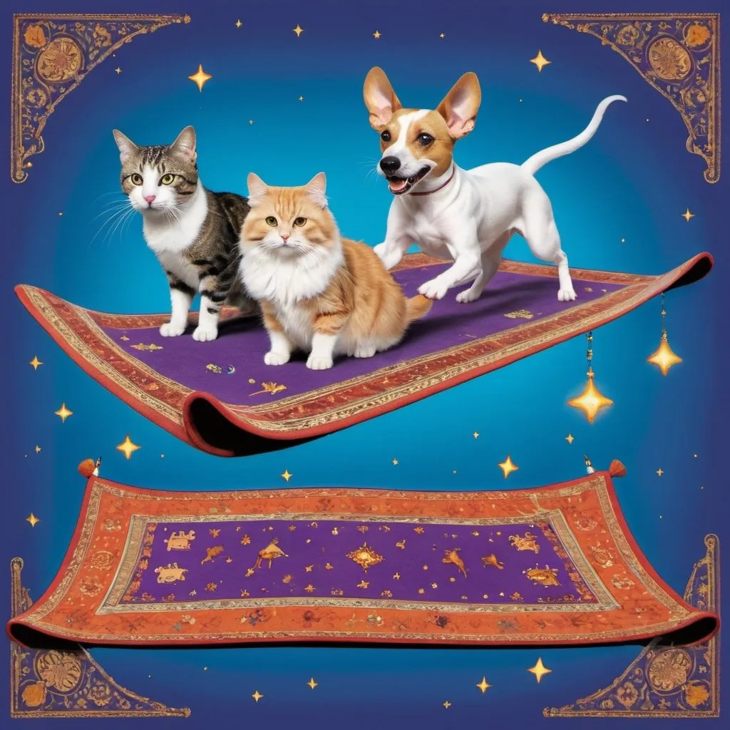 Prompt: A dog, cat, and mouse flying on a "magic carpet" 