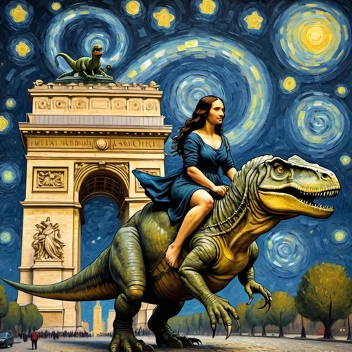 Prompt: Mona Lisa riding a tyrannosaurus  through the Arc de Triomphe in the style of "The Starry Night" by Vincent van Gogh
