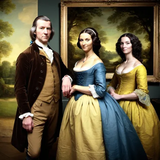 Prompt: "Mona Lisa"  photobombing  "Mr and Mrs Andrews" by  Thomas Gainsborough, 