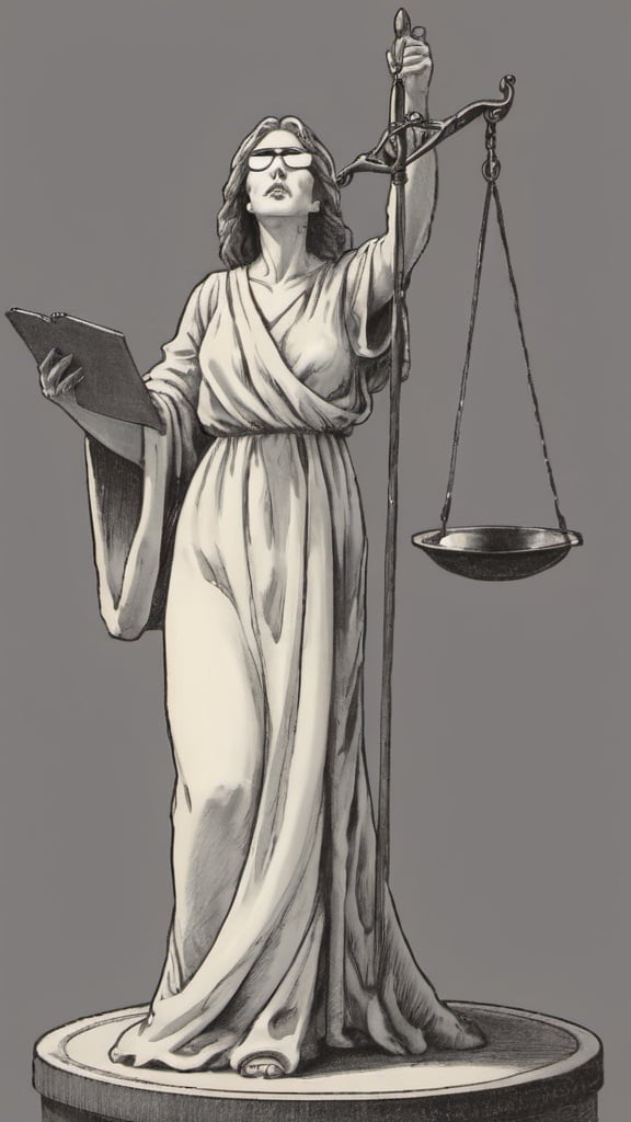 Prompt: A political cartoon illustrating unfairness of a schedule a defendant lawsuits a standing Lady Justice, with a blindfold, covers her eyes in a robe the scale is  broken 
