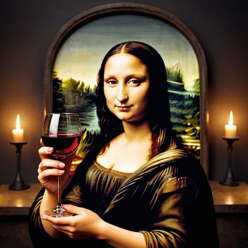 Prompt: Mona Lisa holding wine glass of  hot volcanic lava   at night 