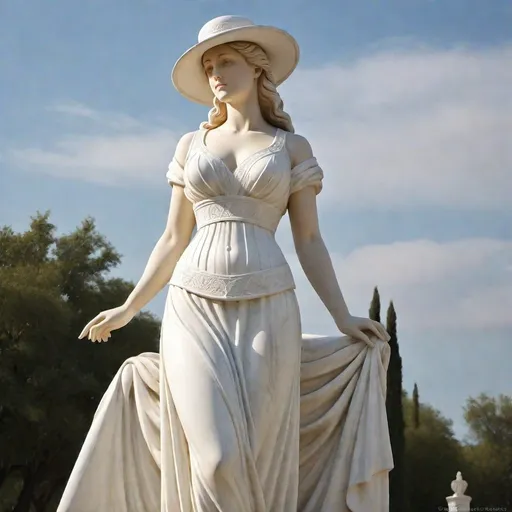 Prompt: White Marble statue of beautiful 25-year-old woman, white Victorian hat, white Victorian dress, high quality, classical sculpture, ancient Greek, detailed features, white marble, elegant pose, graceful, soft lighting, traditional, historical, realistic details, classical art, serene expression, lifelike, smooth curves, goddess-like, ancient beauty, classical, sophisticated, traditional sculpture, elegant, natural lighting


