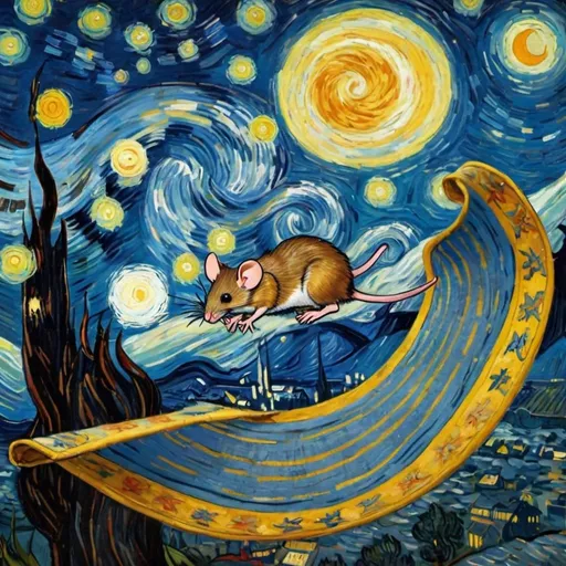 Prompt: a mouse flying on a "magic carpet" in "The Starry Night" by Vincent van Gogh