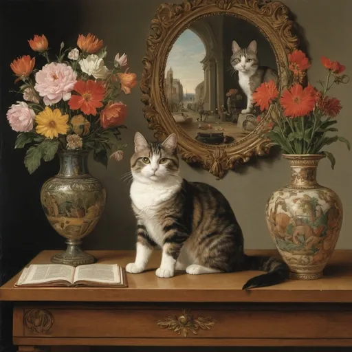 Prompt: a cat sitting on a table next to a vase of flowers and a painting of a cat in a mirror, Abraham Bosschaert, art informel, classical painting, a flemish Baroque