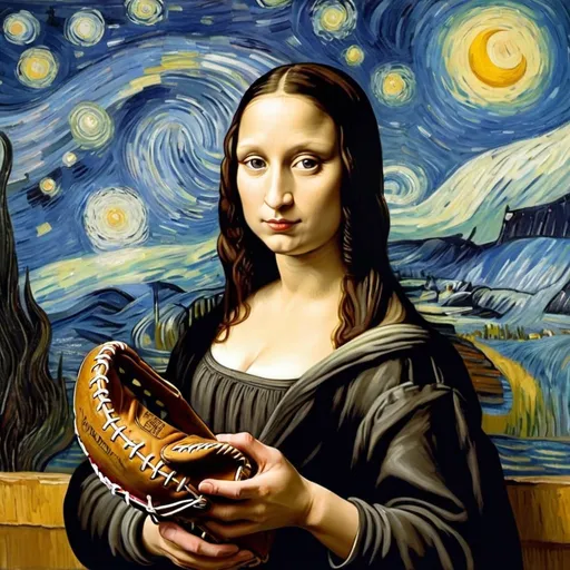Prompt: Mona Lisa catching a meteorite baseball glove in "The Starry Night" by Vincent van Gogh