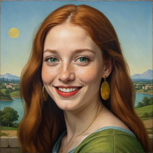 Prompt: a half-length portrait painting,
27 year-old woman,
cover with dark freckle,
green eyes,
long ginger hair,
red lipstick,
a smile on her face, 
"smiley-face-on-gold-earrings",  
T-shirt, 
with a green background and a blue sky,
 Fra Bartolomeo,
 academic art,
1970s oil painting,
 a painting in the style of  Mona Lisa