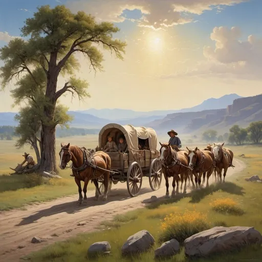 Prompt: Create a UHD, 64K, professional oil painting in the style of Carl Heinrich Bloch, blending the American Barbizon School and Flemish Baroque influences. Depict a historical scene of a wagon train heading westward across the American frontier. The foreground features a rugged trail winding through a vast prairie, with several covered wagons pulled by oxen and horses. The wagons are filled with pioneers, their expressions a mix of determination and hope as they embark on their journey.

In the midground, the prairie stretches out with tall grasses swaying in the breeze, dotted with wildflowers. The sky is a brilliant blue, with fluffy white clouds drifting lazily, but hints of dramatic, distant mountains can be seen on the horizon, promising both challenges and opportunities ahead.

The background showcases the expansive landscape, with a river meandering through it, providing a source of life and a guide for the travelers. The painting includes various elements typical of the westward journey: a family gathered around a campfire, a scout on horseback surveying the path ahead, and children playing near the wagons, their laughter bringing a sense of normalcy to the arduous trek.

The atmosphere captures the spirit of adventure and resilience, with warm, golden light illuminating the scene as the sun begins to set, casting long shadows and enhancing the texture of the landscape. This painting celebrates the courage and pioneering spirit of those who ventured west in search of a new life, encapsulating both the beauty and the hardships of the journey.