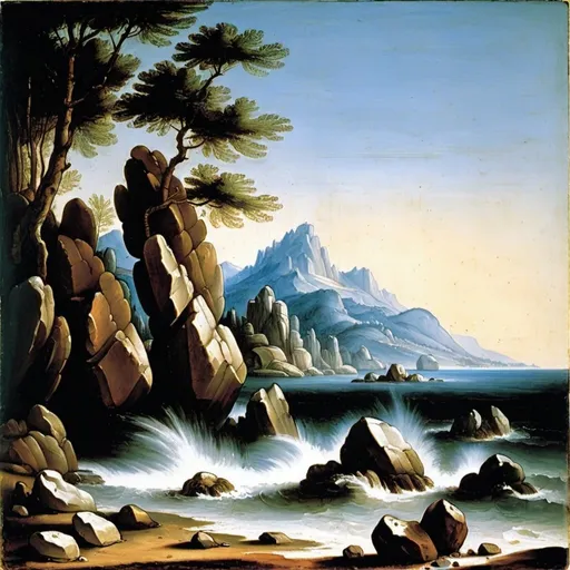 Prompt: Painting of a rocky beach with a mountain in the background and water running through the rocks, l by Leonardo da Vinci