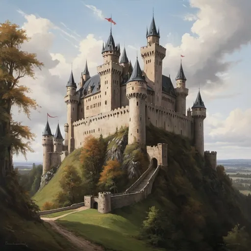Prompt: a painting of The castle was magnificent beyond all my expectations, a Gothic fortress with turrets and battlements rising high into the air.