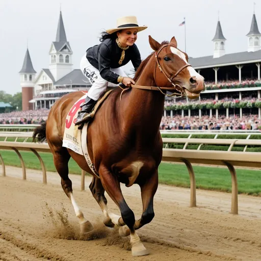 Prompt: Mona Lisa  winning The Kentucky Derby on a cow