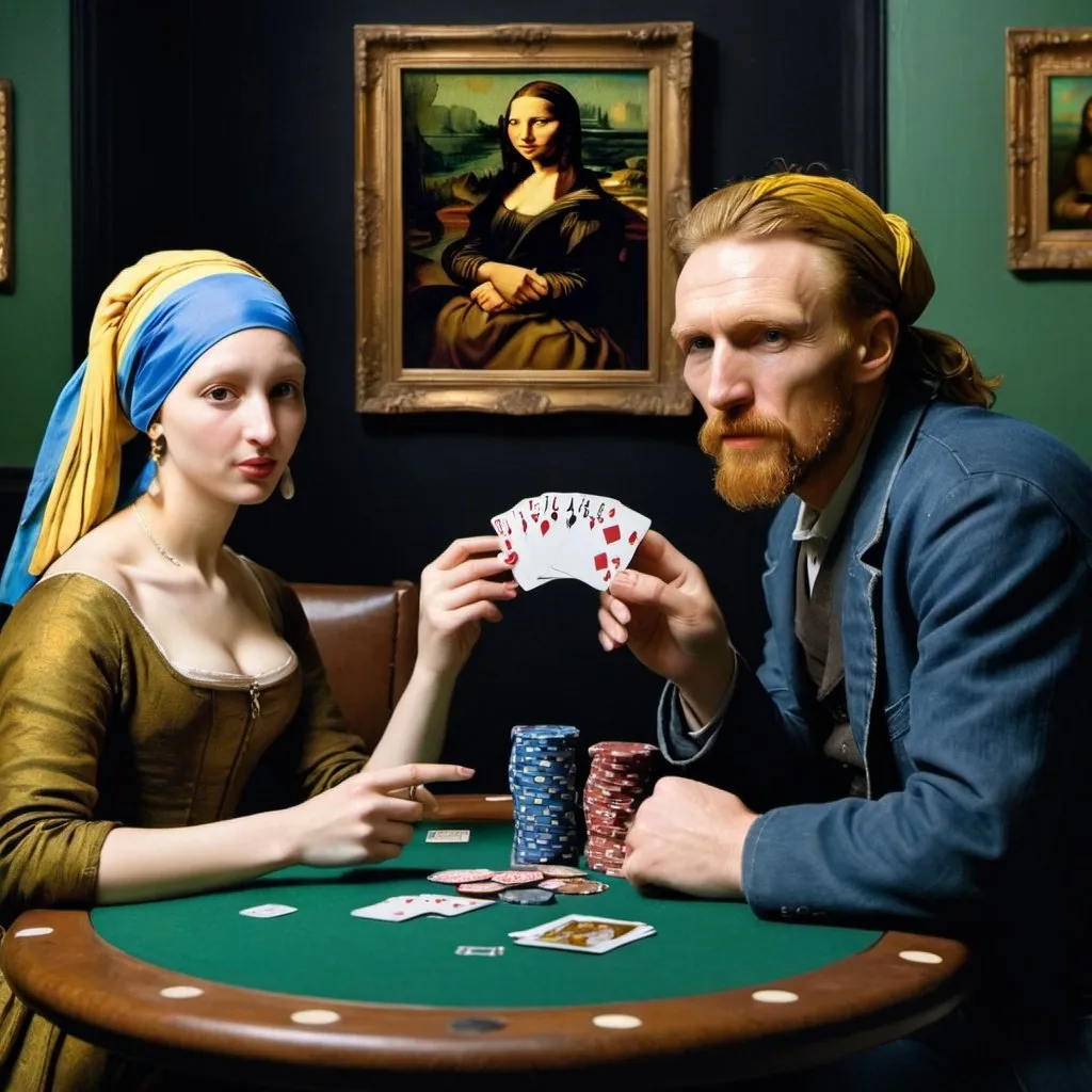 Prompt: "Mona Lisa", "Vincent van Gogh",  and "the girl with the pearl earring"
 playing poker