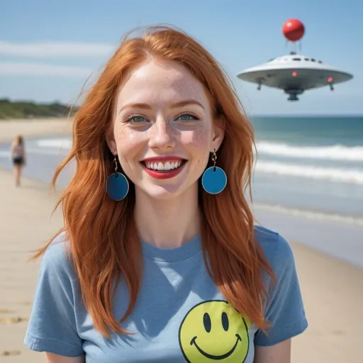 Prompt: photorealistic portrait of a [(27 year-old woman),  (cover with dark freckle), (green eyes), (long ginger hair), (red lipstick), (a smile on her face), (earrings with a smiley face on it's earring hooks), (smiley-face t-shirt), (long blue jean), (red and blue tennis shoes),]on the beach, looking very happy at three ufos