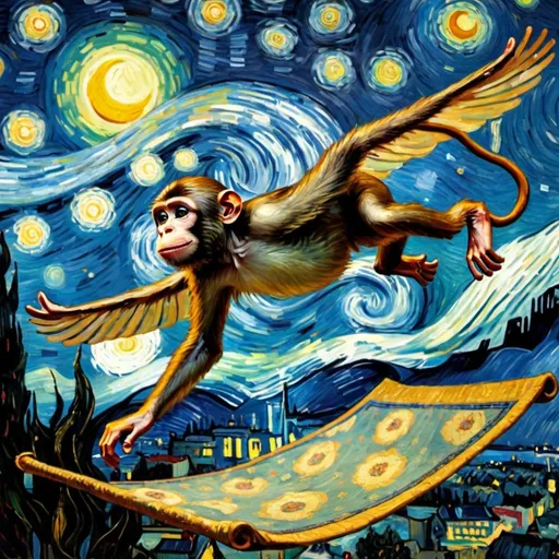 Prompt: A Monkey flying on a "magic carpet" in "The Starry Night" by Vincent van Gogh