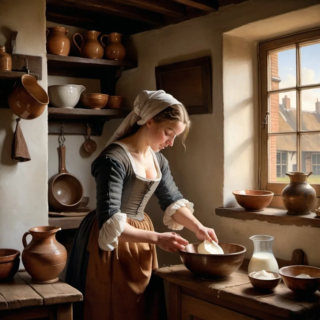 Prompt: A painting of A robust young woman   pouring milk from a "crackle Pitcher" in to a bowl in a humble kitchen, with soft, natural light filtering through a window. The setting is a modest 17th-century Dutch kitchen, with rich, warm hues for the clothing and cool, muted tones for the background, rendered in exquisite realism.