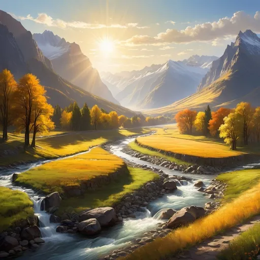 Prompt: a painting of a valley with a river running through it and mountains in the background with a sun shining over the valley, Art Brenner, environmental art, beautiful landscape, a matte painting